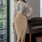 Set: Lace Blouse + High-waist Pencil Skirt