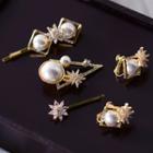 Set Of 5: Wedding Rhinestone Faux Pearl Hair Pin + Earring 3 Pcs - Hair Clip & 1 Pair - Clip On Earring - Gold - One Size
