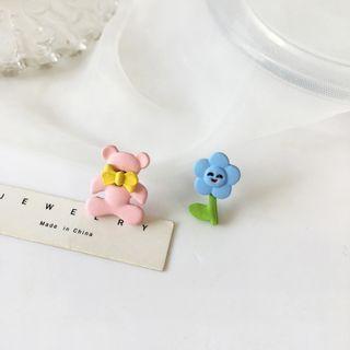 Flower Bear Asymmetrical Alloy Earring 1 Pair - S925 Silver Stud Earring - Pink & Blue - One Size