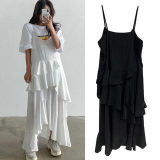 Spaghetti Strap Asymmetric Ruffled Maxi Dress