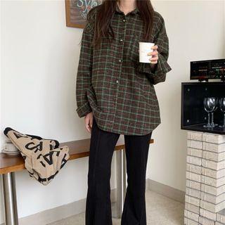 Long-sleeve Plaid Shirt / High-waist Plain Bell-bottom Pants