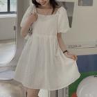 Puff-sleeve Square Neck Eyelet Mini A-line Dress