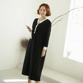 Button-front Contrast-trim Dress Black - One Size