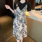 Short-sleeve Plain T-shirt / Spaghetti Strap Floral Midi A-line Dress