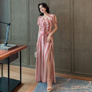 Set: Striped Short-sleeve Cropped Top + Slit Wide-leg Pants