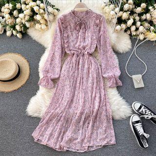 Long-sleeve Chiffon Floral Accordion Pleat Dress