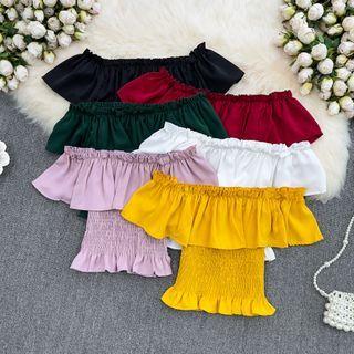 Off Shoulder Ruffle Smocked Blouse