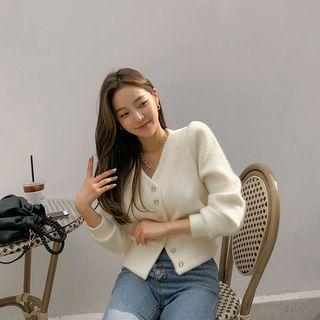 Rhinestone-button Knit Cardigan Ivory - One Size