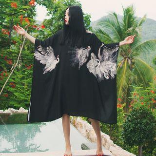 Japanese-style Oversized Printed Midi Dress (waist Belt Not Included)