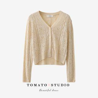 V-neck Plain Knit Button-up Cropped Cardigan