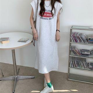 Lettering Print Midi Tank Dress Melange Gray - One Size