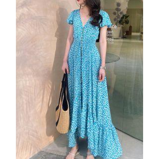 Flower Print Open Back Maxi A-line Dress