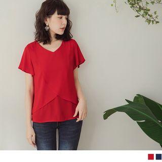 V-neck Flutter-sleeve Plain Chiffon Top