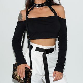 Long-sleeve Off-shoulder Buckled Crop Top