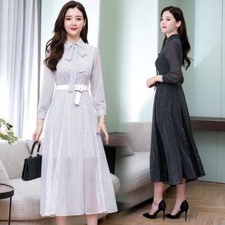 Long-sleeve Polka Dot Chiffon Lace Paneled A-line Midi Dress