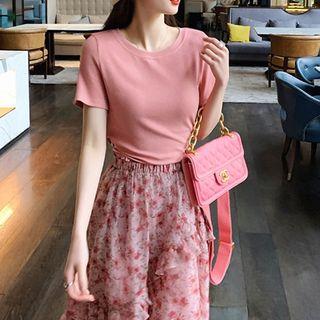 Set: Short-sleeve Cropped Top + Floral Print Midi A-line Skirt