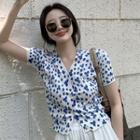 Short-sleeve Floral Button-up Knit Cropped Top Floral - Blue - One Size