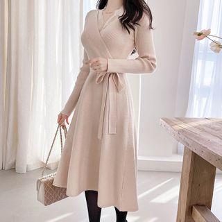 Lace-trim Flared Midi Knit Wrap Dress