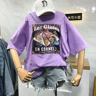 Elbow-sleeve Ice Cream Print Ripped T-shirt