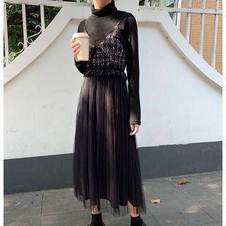 Spaghetti Strap Tweed Panel Midi Mesh Dress