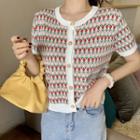 Short-sleeve Printed Buttoned Knit Top As Shown In Figure - One Size