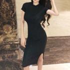 Short-sleeve Open-back Glitter Midi Bodycon Dress