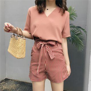 Set: Short-sleeve V-neck Top + Striped Shorts