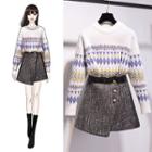 Patterned Sweater / Plaid Mini A-line Skirt / Set