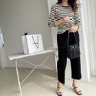 Round-neck Stripe Knit Top Black - One Size