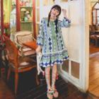 Long-sleeve Pattern Tasseled Shift Dress