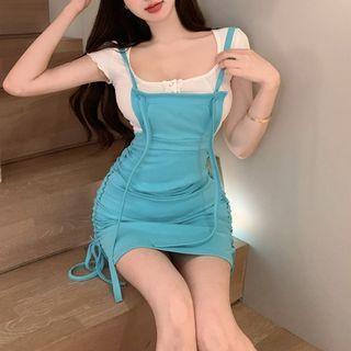 Short-sleeve Lace-up Top / Mini Overall Dress