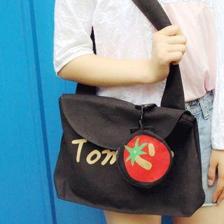 Lettering Canvas Shoulder Bag With Tomato Print Coin Purse