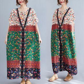 Short-sleeve Floral Print Loose-fit Dress Red & Green - One Size