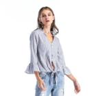 Flared-cuff Cutout Striped Blouse