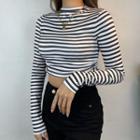 Long-sleeve Striped Drawstring Cropped T-shirt