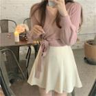 V-neck Lace-up Knit Top / High-waist A-line Skirt