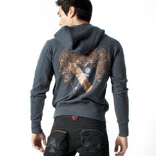 Printed & Embroidered Button-side Hoodie (navy Blue)