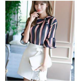 Pinstripe Elbow-sleeve Chiffon Top