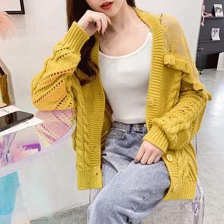 Lace Paneled Ruffled Cable Knit Cardigan