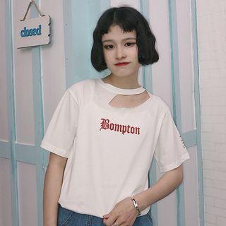 Lettering Cut Out Detail Short Sleeve T-shirt