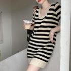 Short-sleeve Striped Knit Mini Shift Dress Black & White - One Size