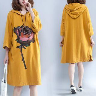 Rose Print Hooded T-shirt Dress