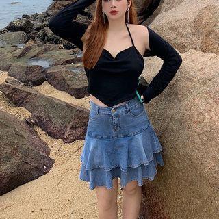 Washed Tiered Mini A-line Skirt