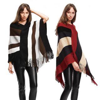 Color-block Fringed Poncho