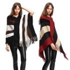 Color-block Fringed Poncho