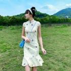 Cap-sleeve Butterfly Embroidered Ruffle-hem Mini Qipao