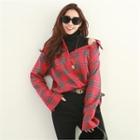 Inset Mock-neck Top Wide-cuff Plaid Shirt