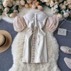 Off-shoulder Puff-sleeve Lace-up Strap Dress