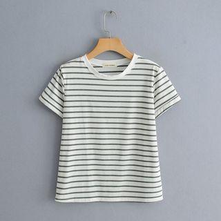 Short-sleeve Striped T-shirt Stripe - White & Gray - One Size