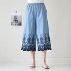 Embroidery Crop Wide Pants Blue - One Size